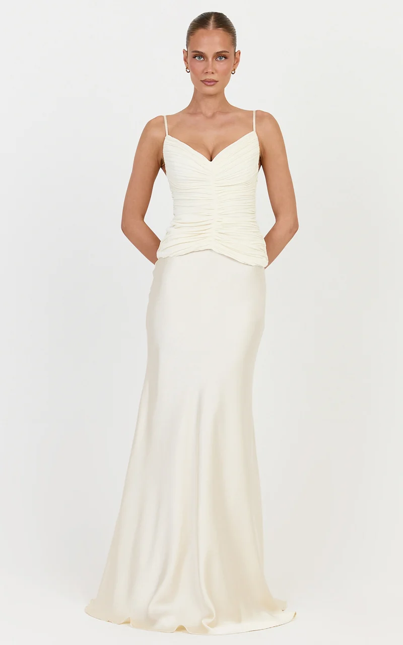 Veda Two Piece Top and Skirt Set - Plunge Ruched Plisse Contrast Satin Skirt Set in Champagne
