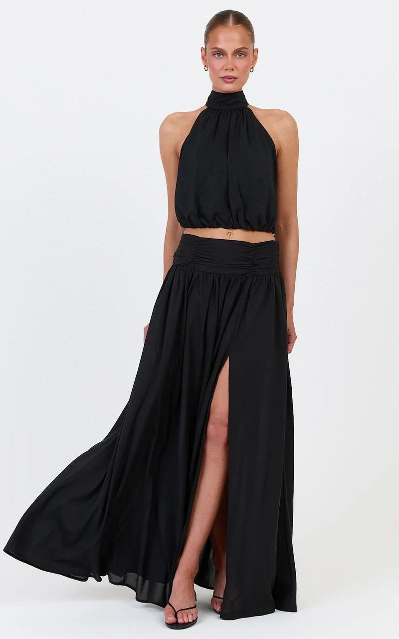 Melanie Maxi Skirt - Gathered Yoke Skirt in Black