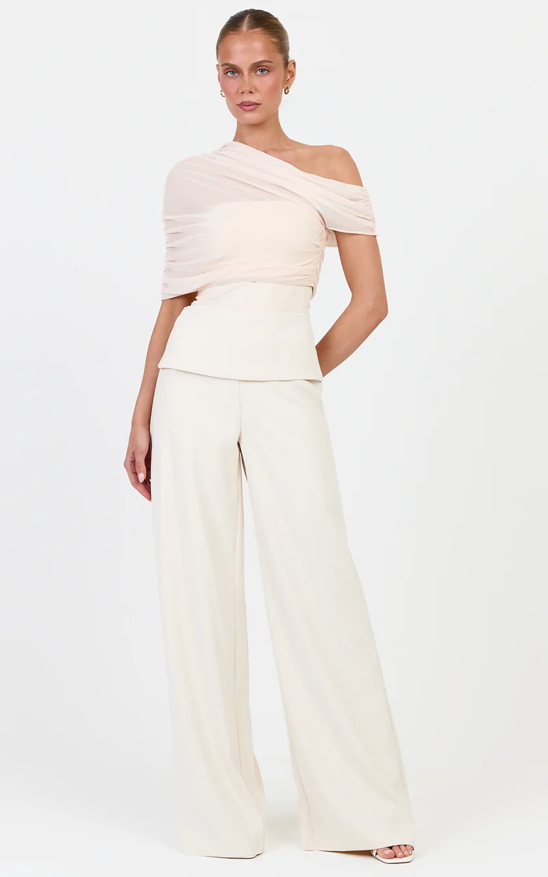 Violet Pants - Folded Waistband Wide Leg Pants in Cream