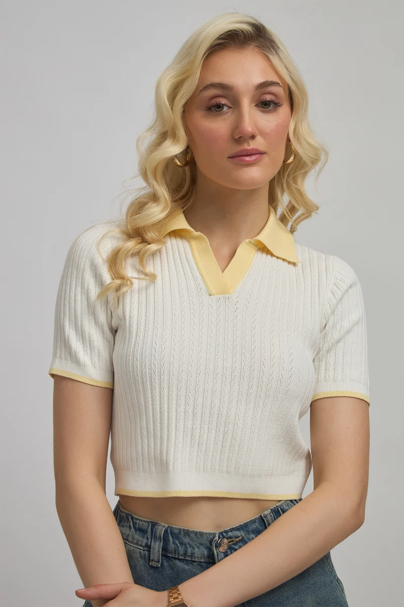 Sasha|Viscose Shirtcollar Fitted Knit Crop Top