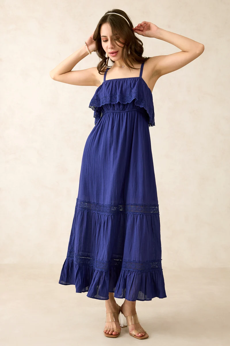 Kristen|100% Cotton Lace Detail Midi Dress