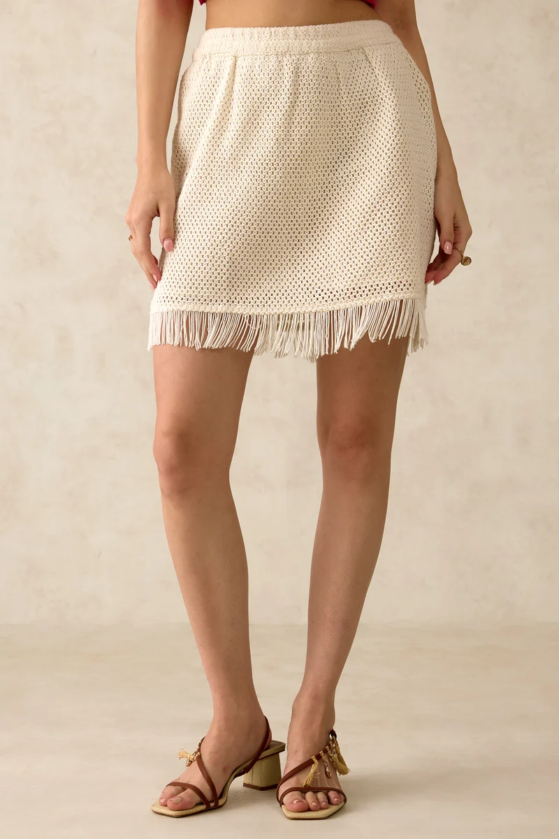 Kelly|100% Cotton Crochet Mini Skirt With Fringes