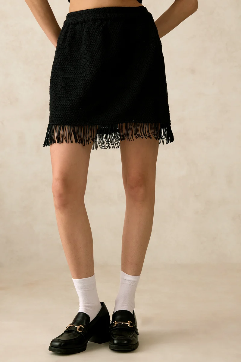 Phyllis|100% Cotton Crochet Mini Skirt With Fringes