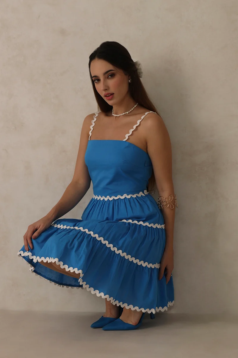 April|100% Cotton Blue Tiered Mini Dress