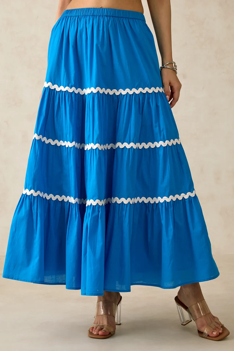 June Skirt|100% Cotton Blue Tiered Skirt
