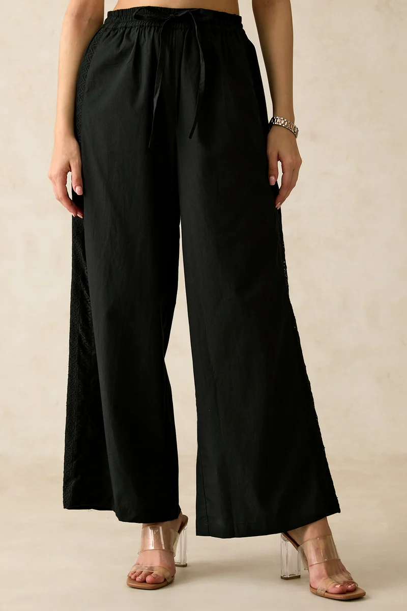 Pamela|100% Cotton Side Lace Detail Pullup Pants