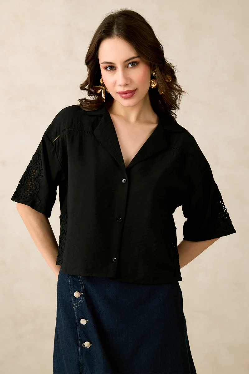 Mabel|Viscose Lapel Collar Crop Lace Shirt