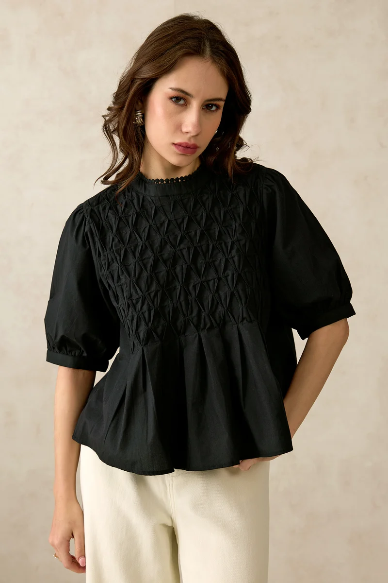 Jesse|100% Cotton Diagonal Tuck Detail Lace Top
