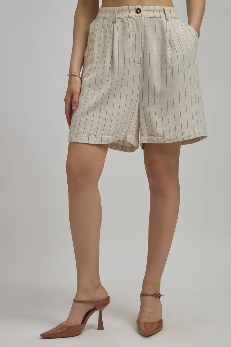 Delany Shorts|Linen Pinstripe Knee Length Shorts