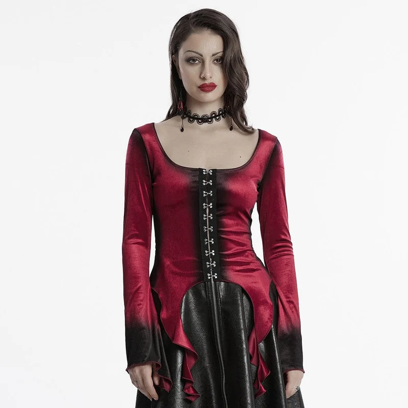 Gothic Irregular Gradient Velvet Skjorta för kvinnor Röd