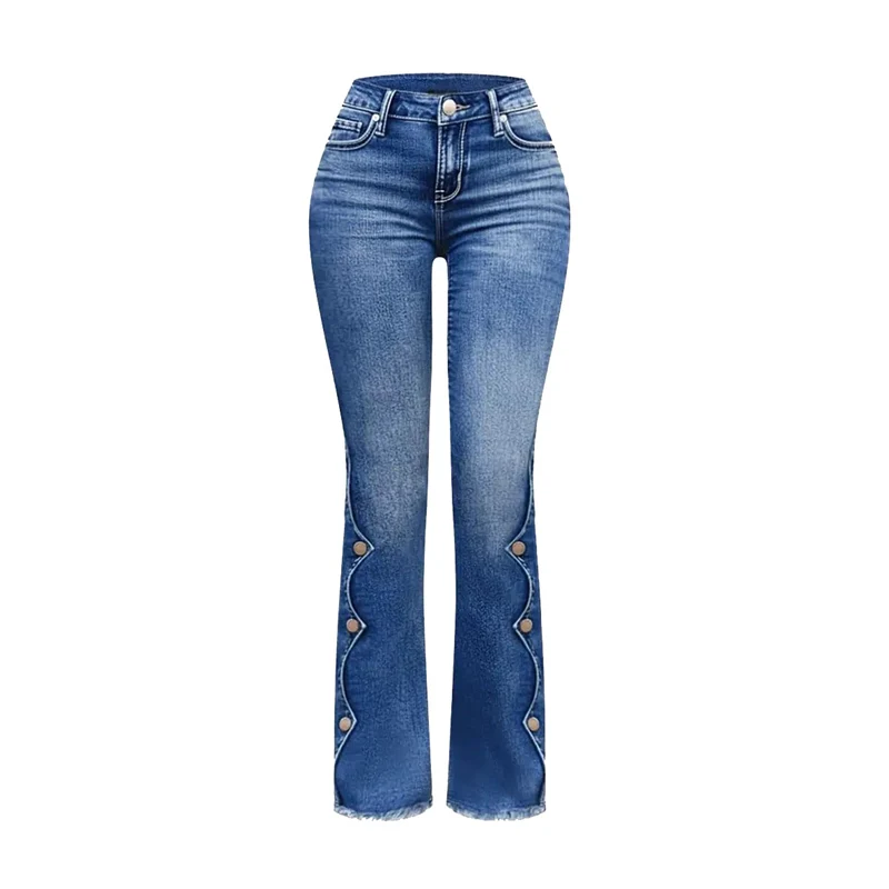 Icone™ FlarePants: Hög Midja Blossa Byxor Sträcka Denim Byxa Med Frans Fålla