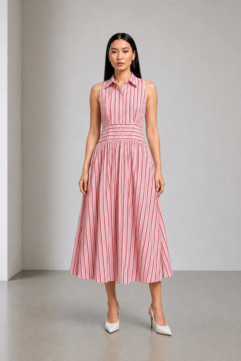 Sarena|Cotton Collared Waist Panel Maxi Dress