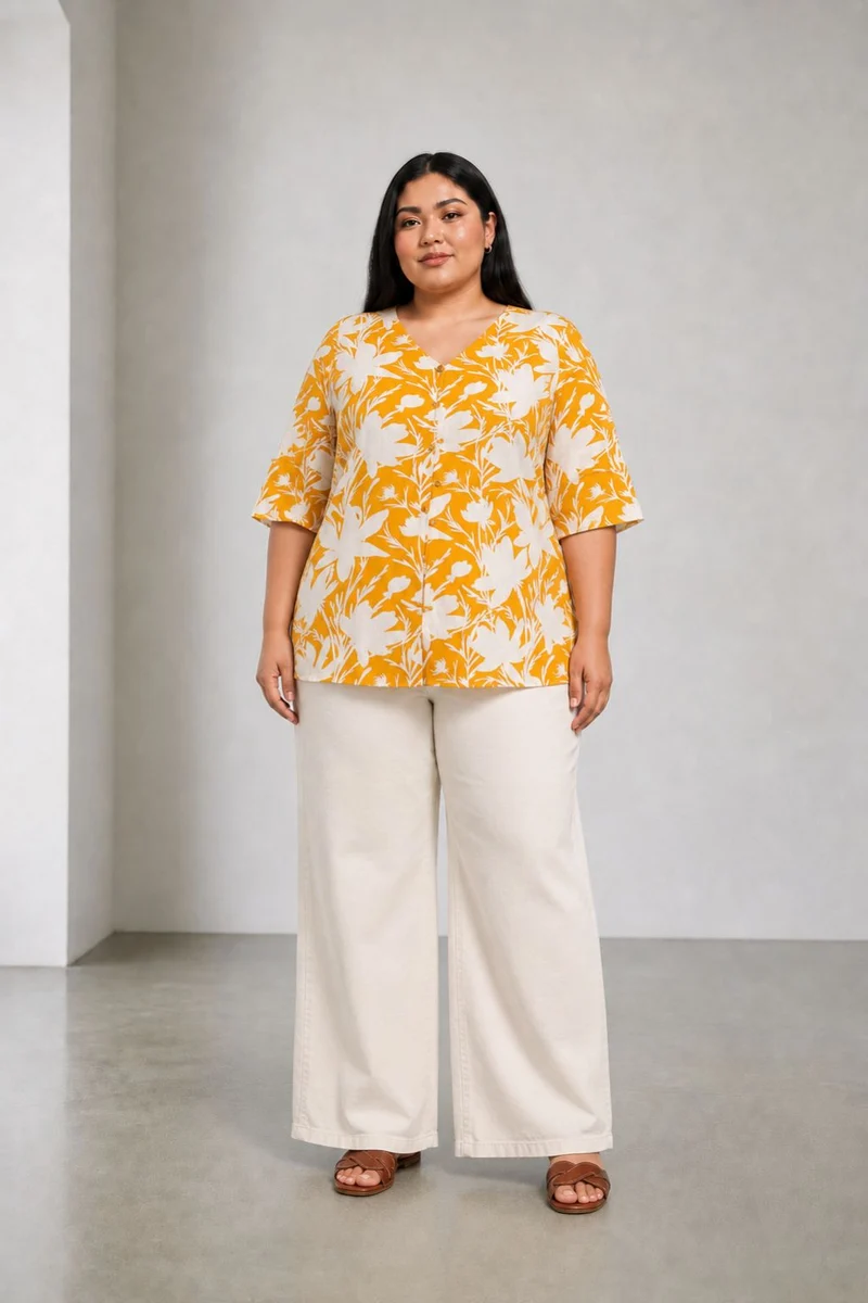 Rivia|Cotton V Neck Button Down Top