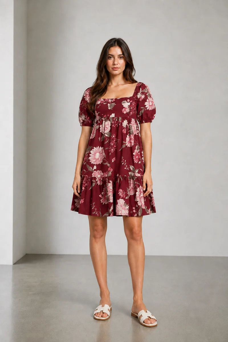 Rivena|Cotton Sweetheart Neck Tiered Mini Dress