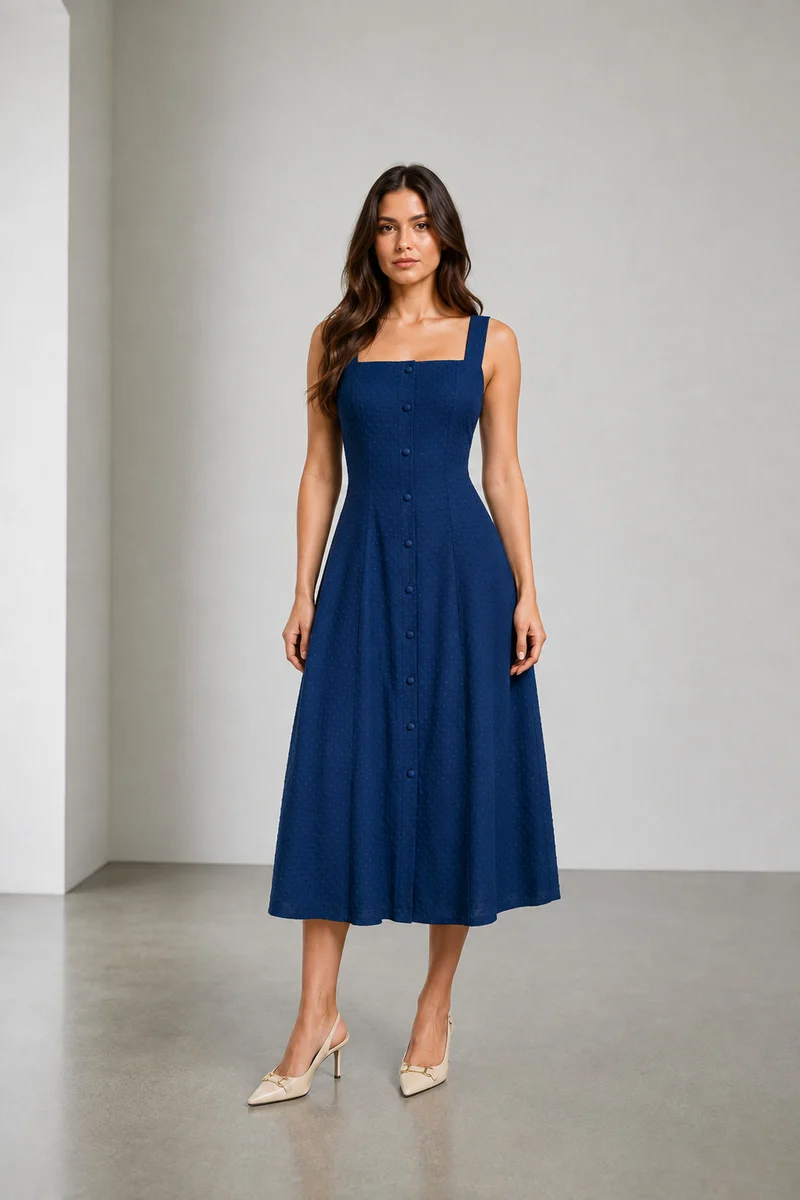 Sabel|Viscose Dobby Square Neck Midi Dress
