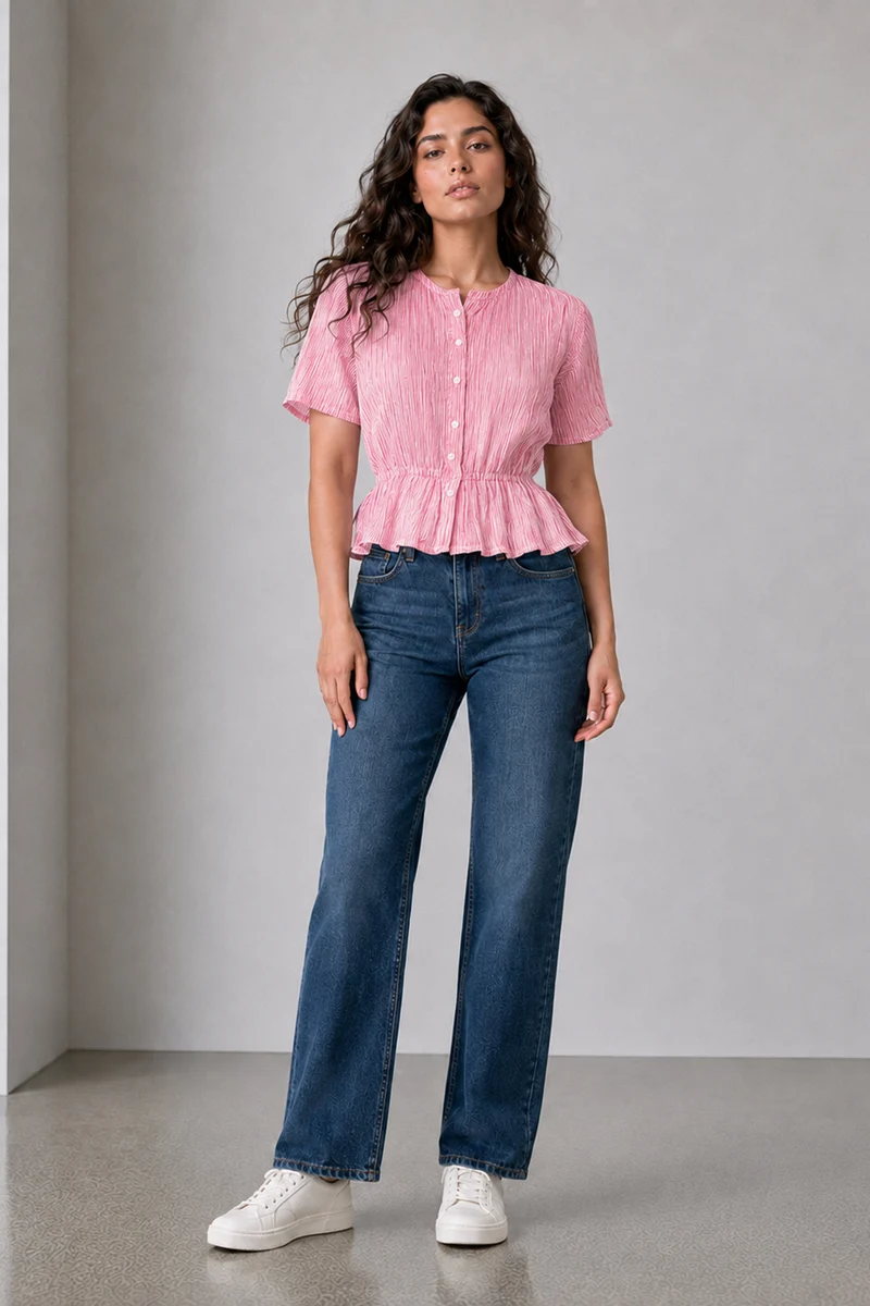 Lisette|Cotton Stripe Elasticated Waist Peplum Top