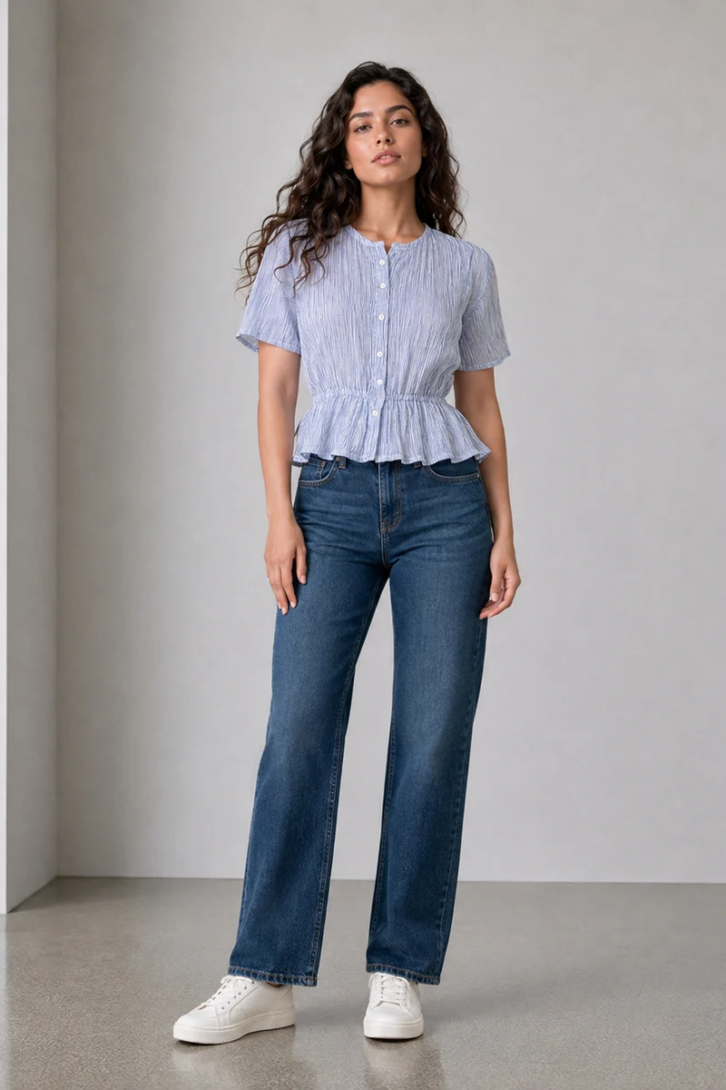 Cova|Cotton Stripe Elasticated Waist Peplum Top