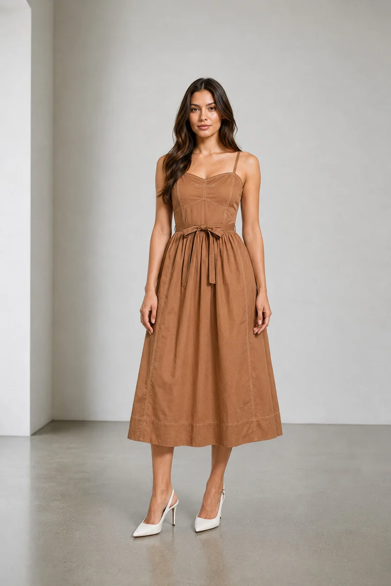 Dovia|Cotton Corset Style Dress With Belt