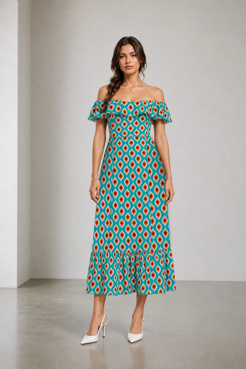 Aurelin|Viscose Offshoulder Ruffle Dress