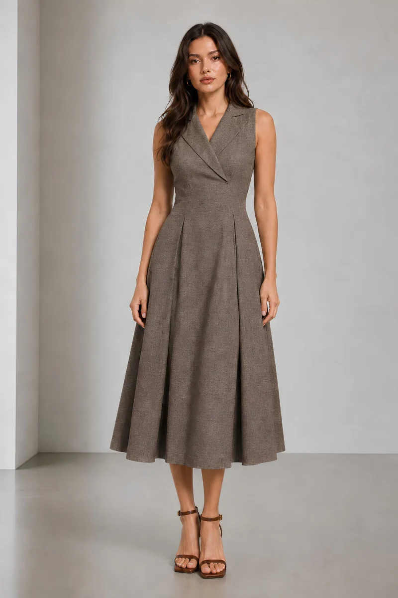 Ceryn|Cotton Lapel Collar Wrap Midi Dress