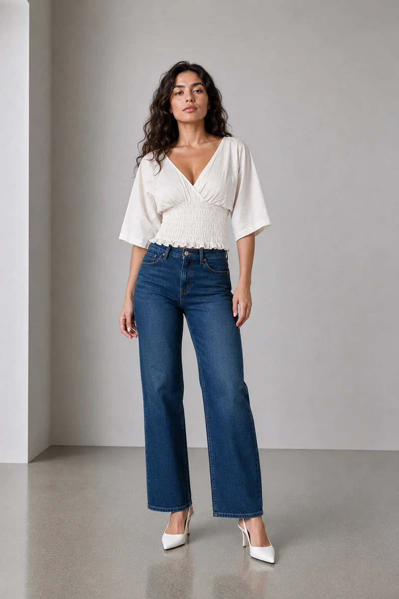 Aisla|Ivory Smocked Waist V Neck Top