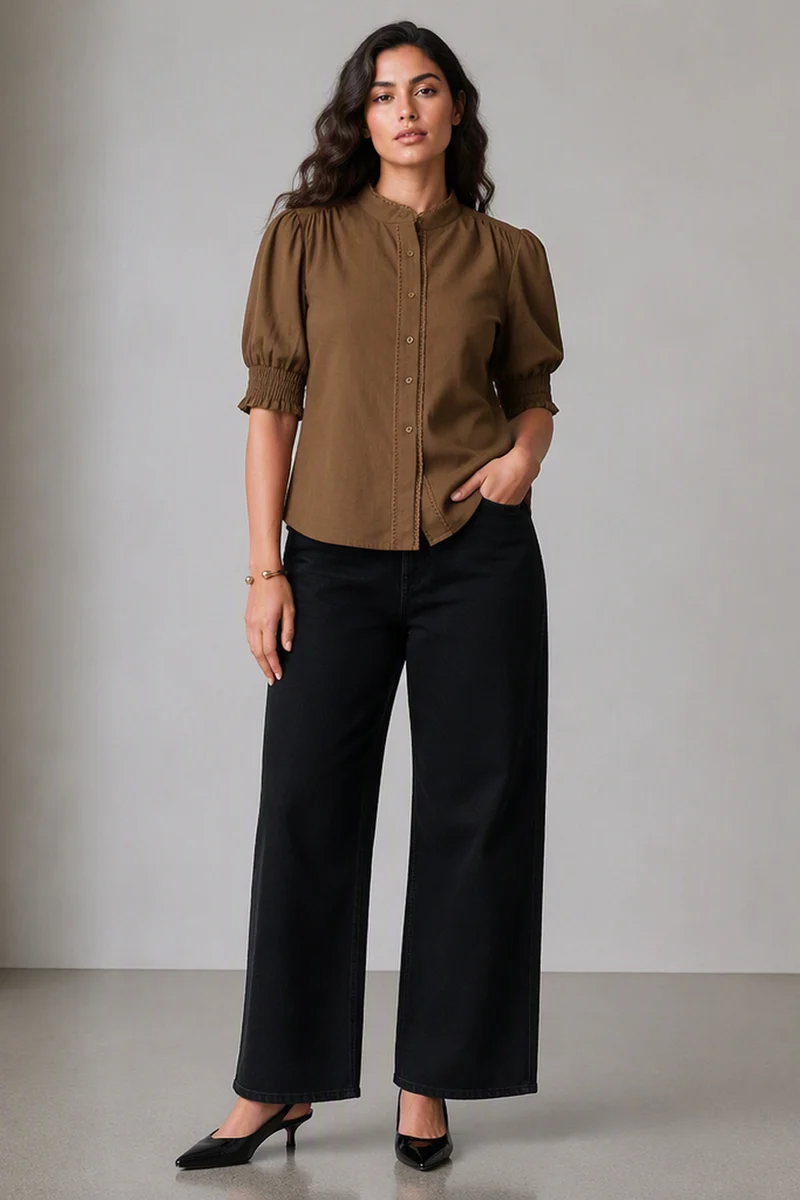 Brena|Brown Cotton Slub Puff Sleeve Shirt