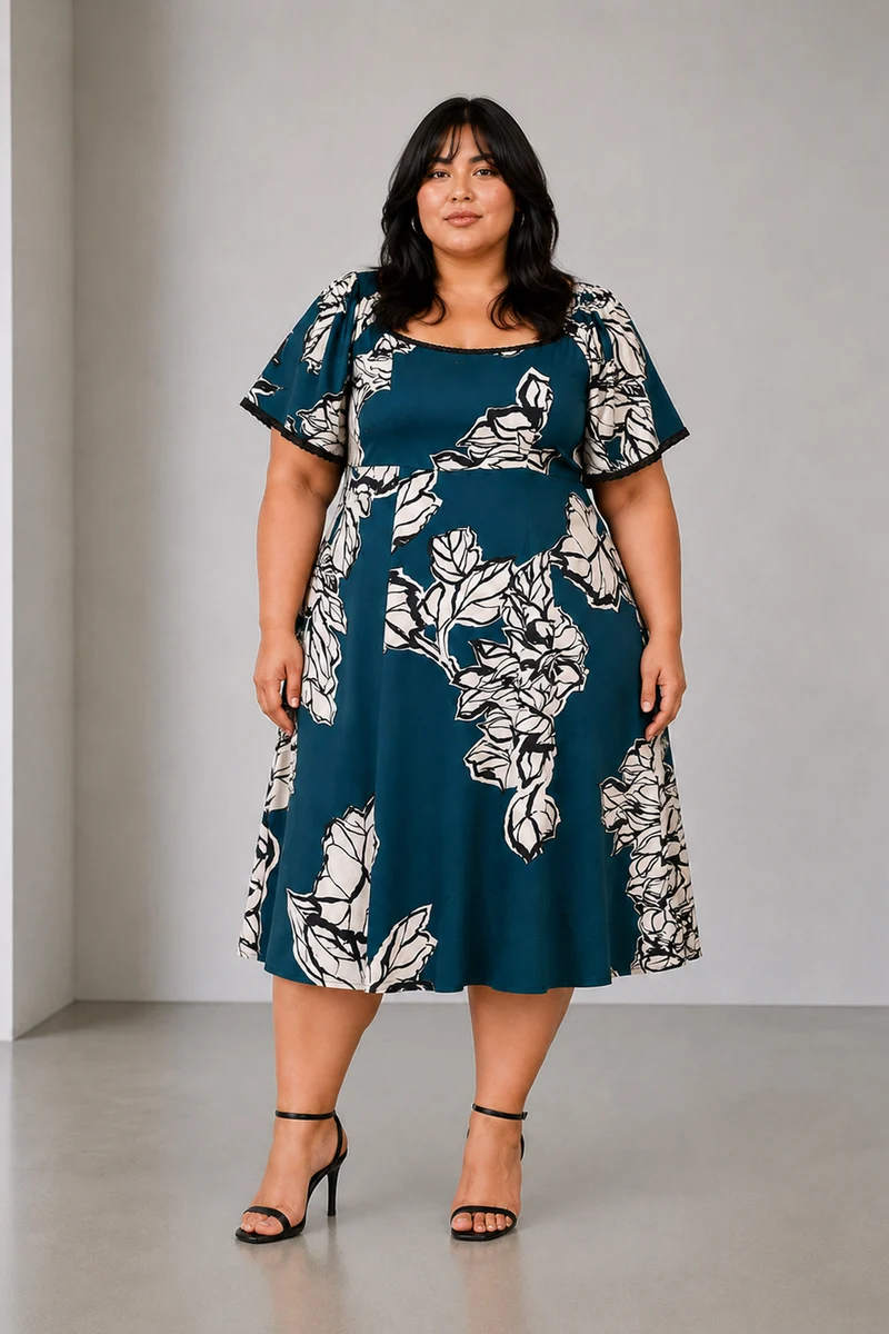 Belva|Viscose Midi Dress With Lace Insert