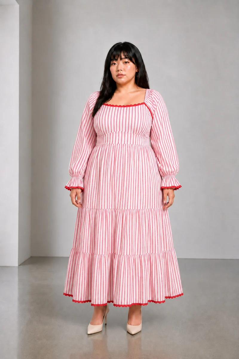 Elvia|Cotton Striped Tier Dress With Lace