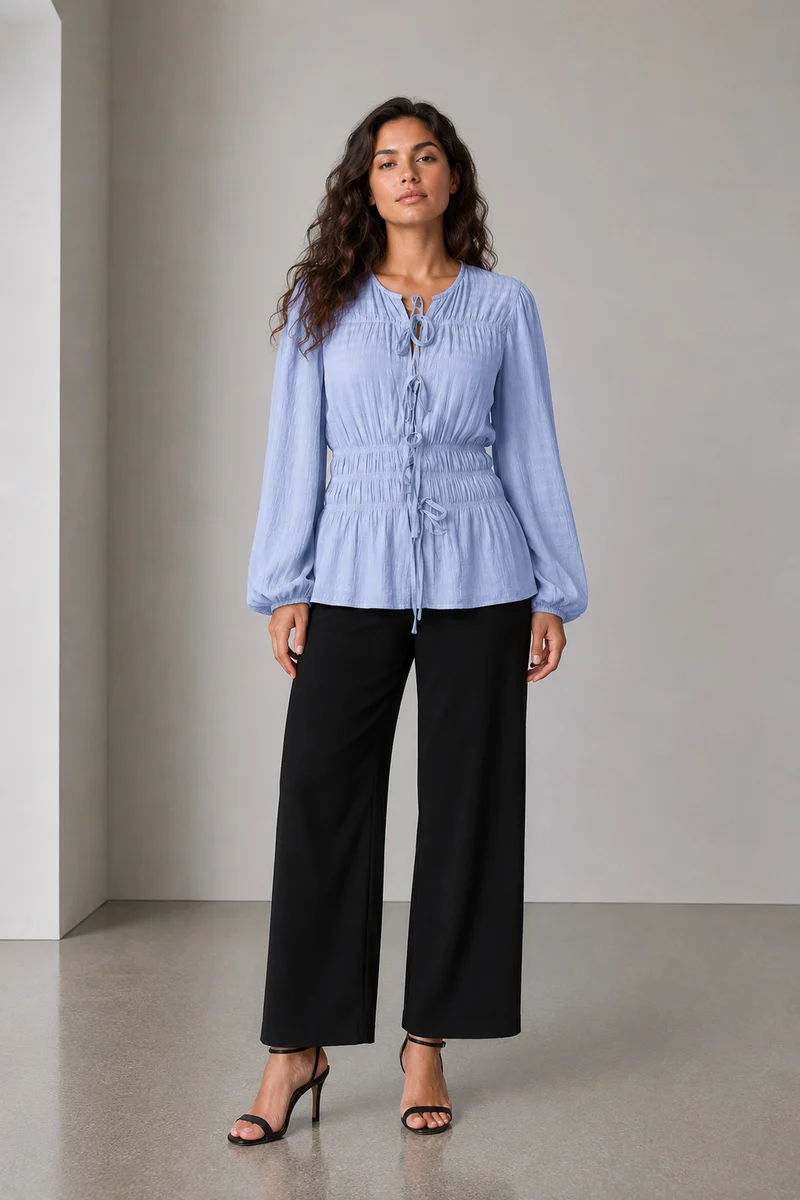 Mevra|Viscose Smocked Waist Full Sleeve Top