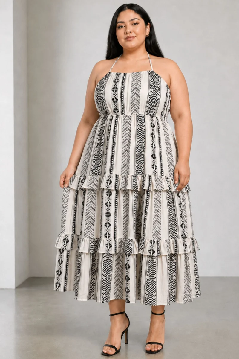 Cirel|Viscose Tiered Maxi Ruffle Dress