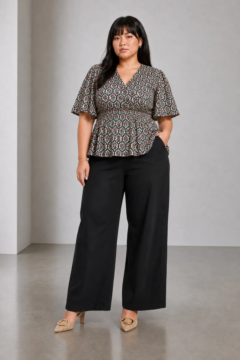 Sarel|Viscose V Neck Top With Flared Sleeve