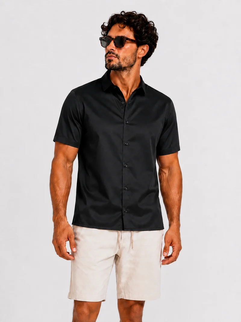 Satin shirt short sleeve black