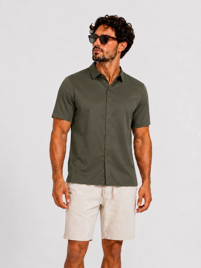 Satin shirt short sleeve khaki
