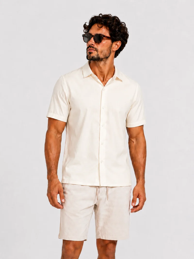 Satin shirt short sleeve beige