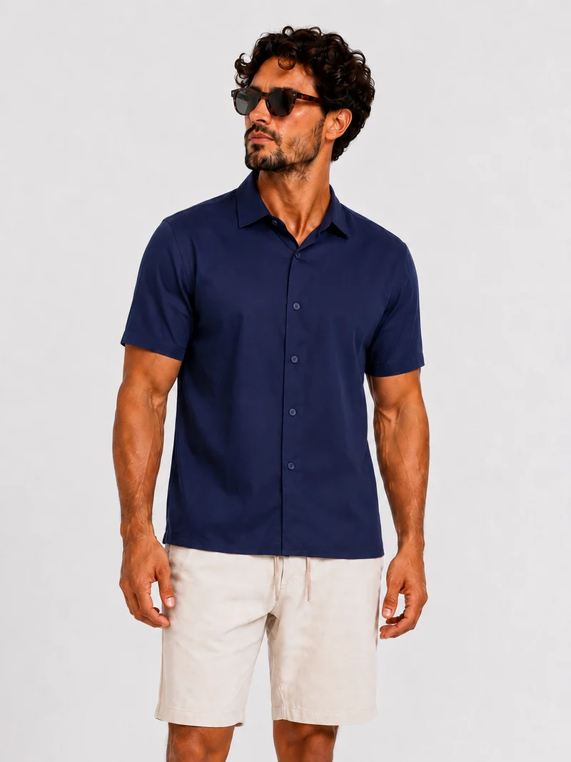 Satin super stretch shirt short sleeve navy blue