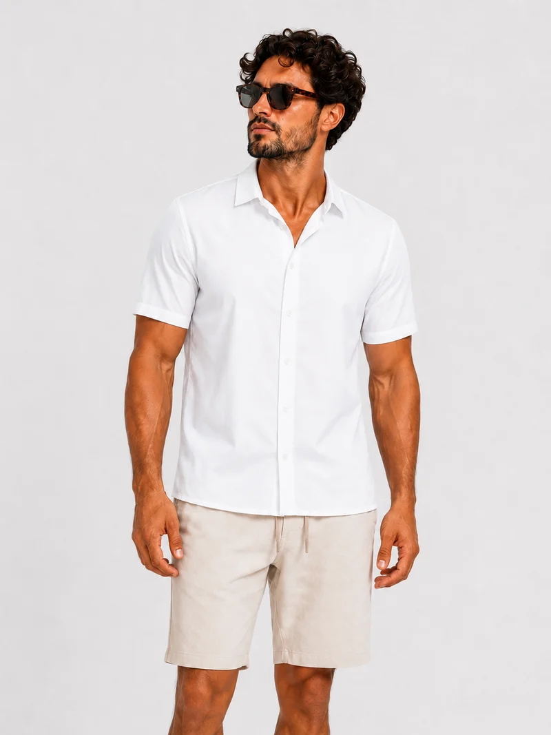 Satin super stretch shirt short sleeve white