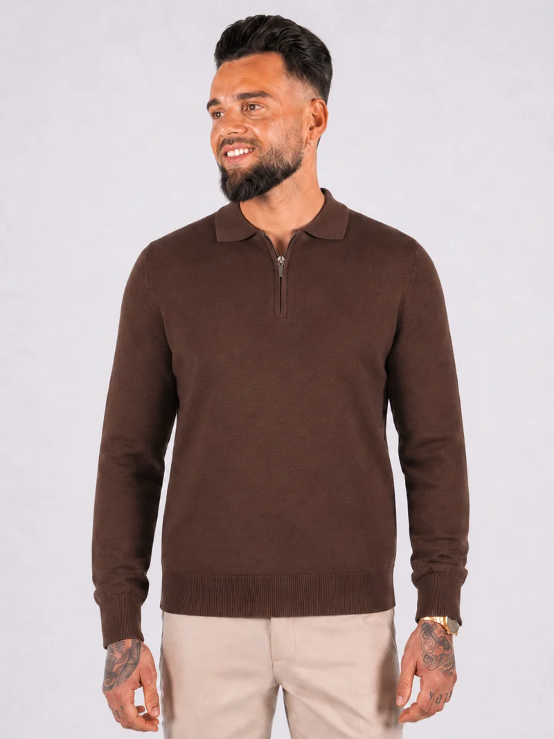 Polo knitwear long sleeve zipper brown