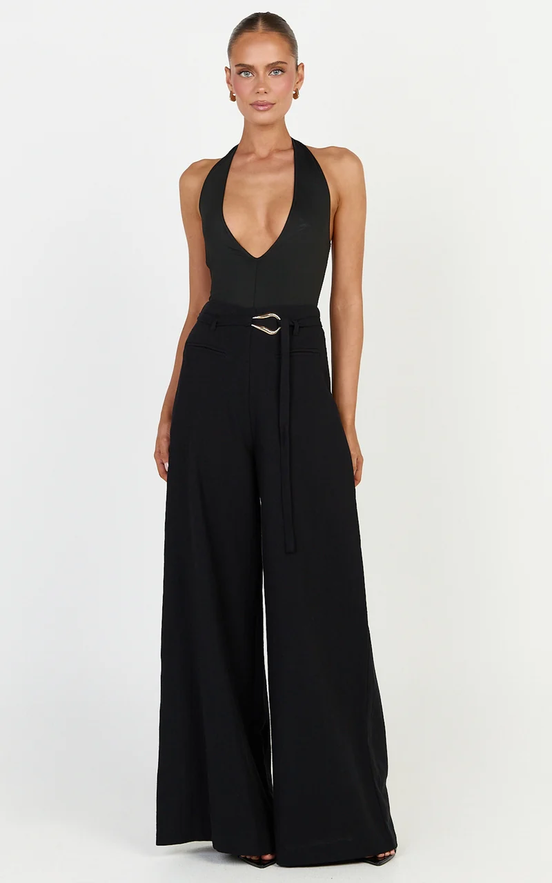 Kyra Pants - Linen Look Belted Wide Leg Pants in Black