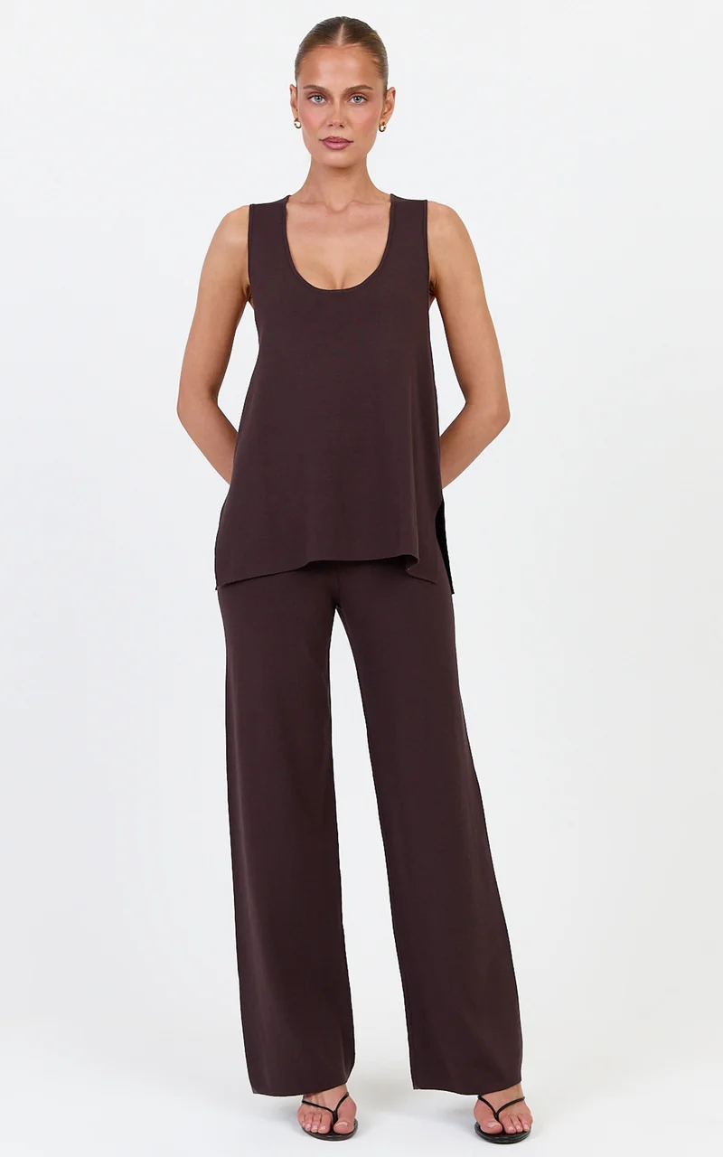 Leonie Two Piece Set - Knit Shell Top and Pant Set in Chocolate