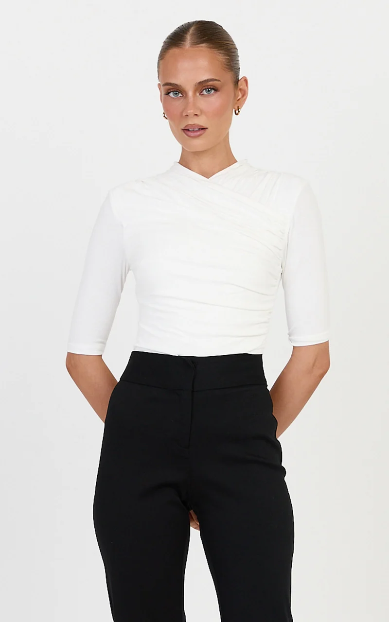 Tess Top - Cotton Blend Wrap V Neck Short Sleeve Top in Ivory