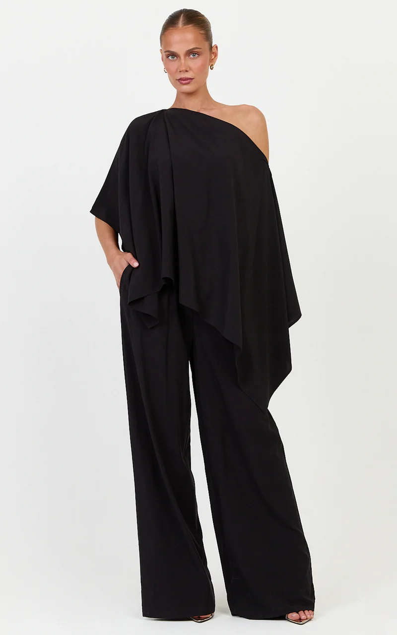 Beatrice Two Piece Top and Pants Set - Off Shoulder Cape Top and Pants Set in Black