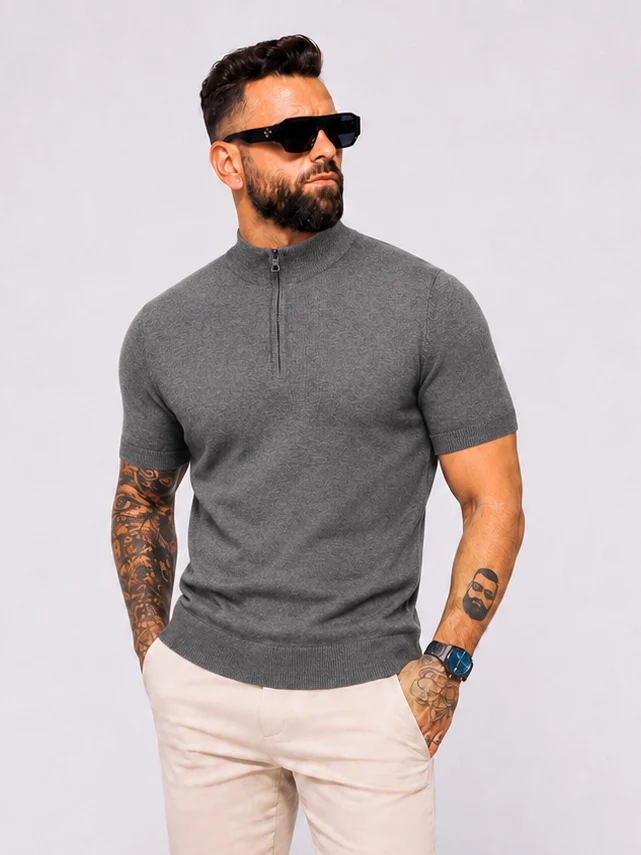 Zipper knitwear short sleeve grey