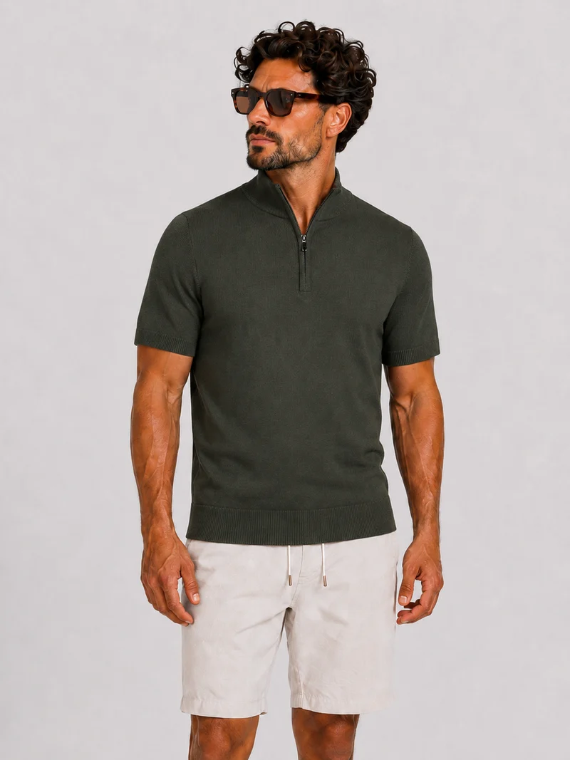Zipper knitwear short sleeve khaki