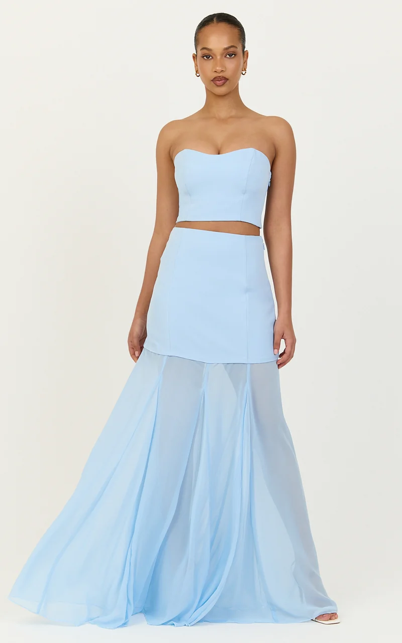Elara Two Piece Top and Skirt Set - Strapless Shirred Back Top And Contrast Sheer Godet Skirt Set in Blue