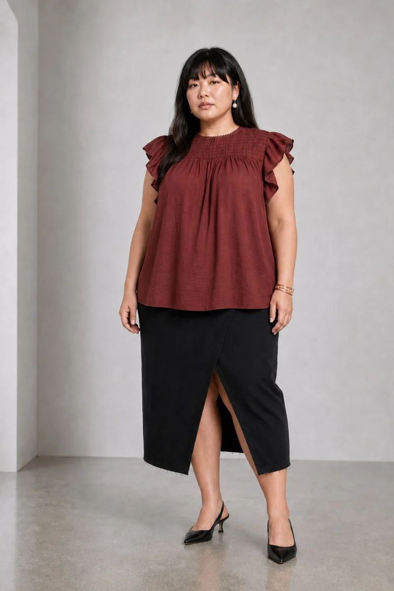 Ruvo|Brown Cotton Slub Ruffle Sleeve Top