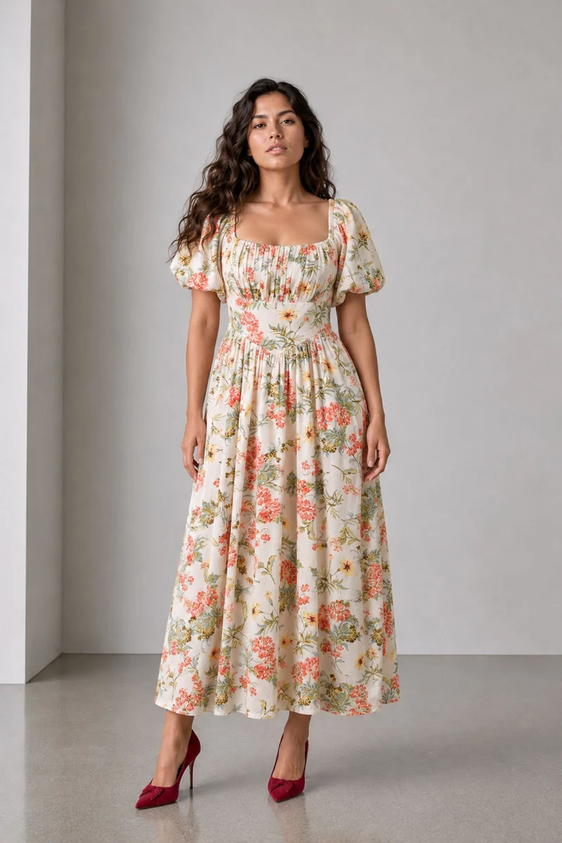 Fayen|Viscose Quare Neck Puff Sleeve Midi Dress
