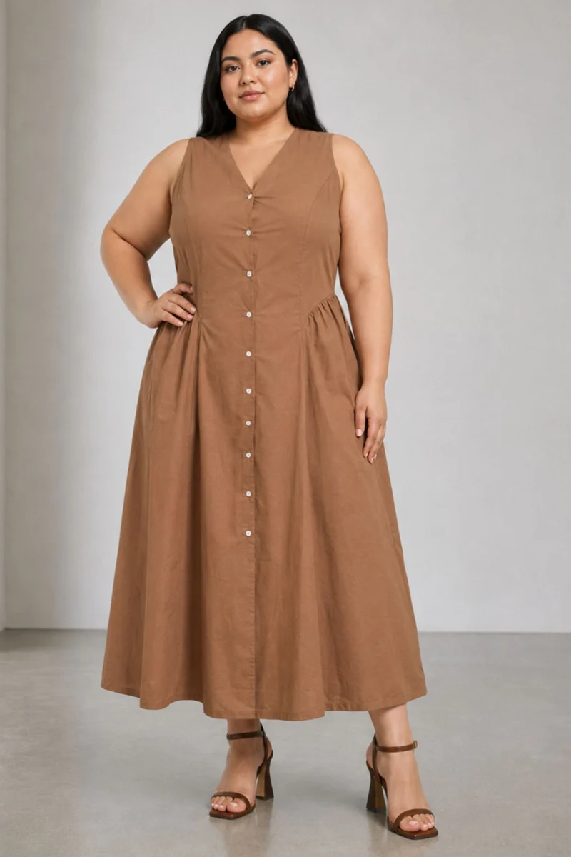 Vela|Cotton V Neck Maxi Shirt Dress