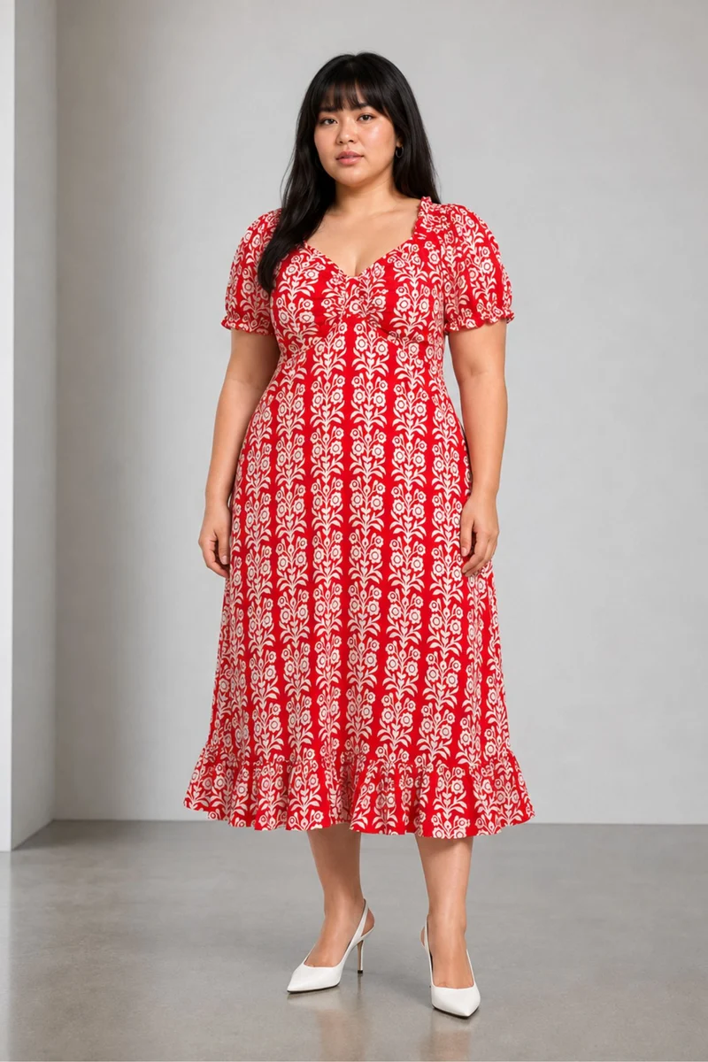 Arvia|Cotton Sweet Heart Neck Midi Dress