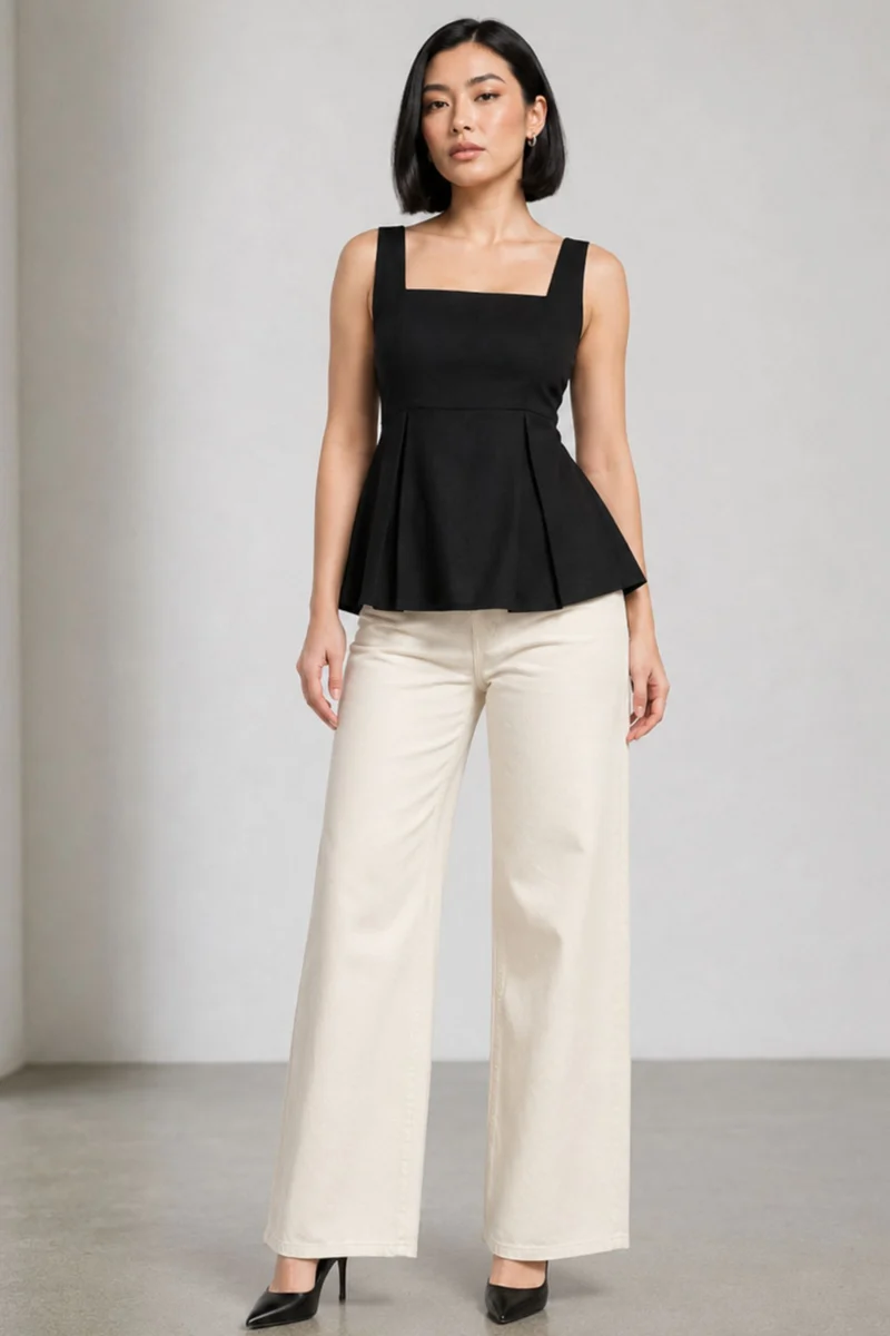 Novel|Black Cotton Slub Peplum Top