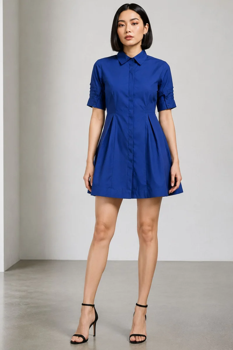 Liren|Cotton Pleated Mini Shirt Dress